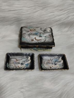 (C-62) Japanese Dragonware Porcelain Trinket Box W Raised Moriage Dragon Design